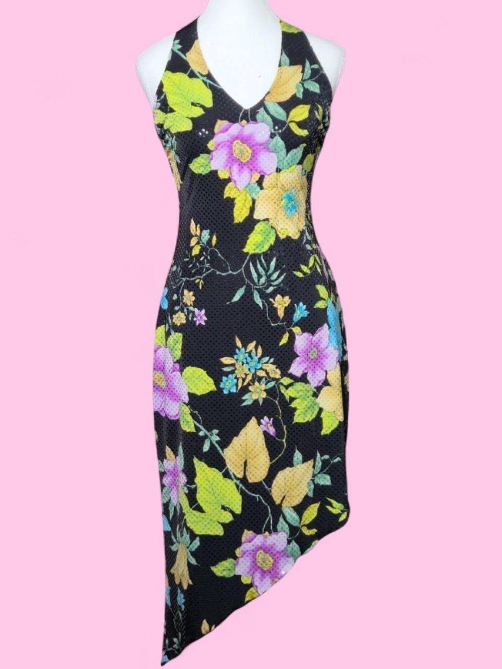 Cache Halter Dress Womens 4 Black Floral Sequin Asymmetrical Y2K Vintage 90 OOAK